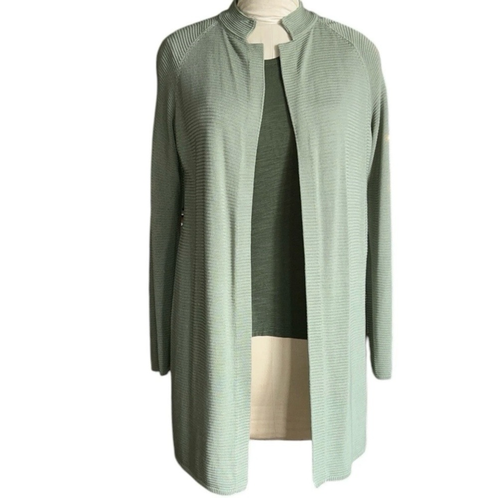 Eileen Fisher 100% Lyocell Open Front Sage Green Nehru Collar Cardigan Size S